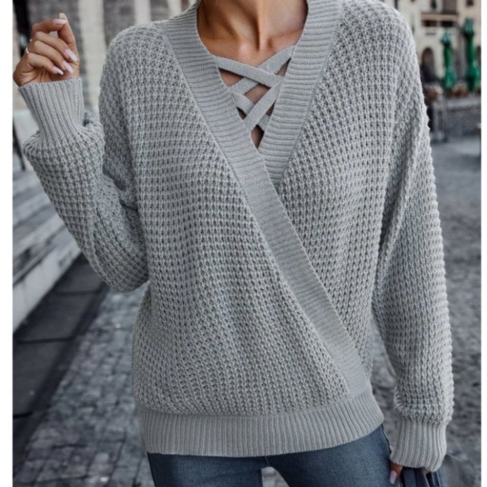 Casual Boho Criss Cross Surplice Neck knit Sweater Top - Picture 4 of 7